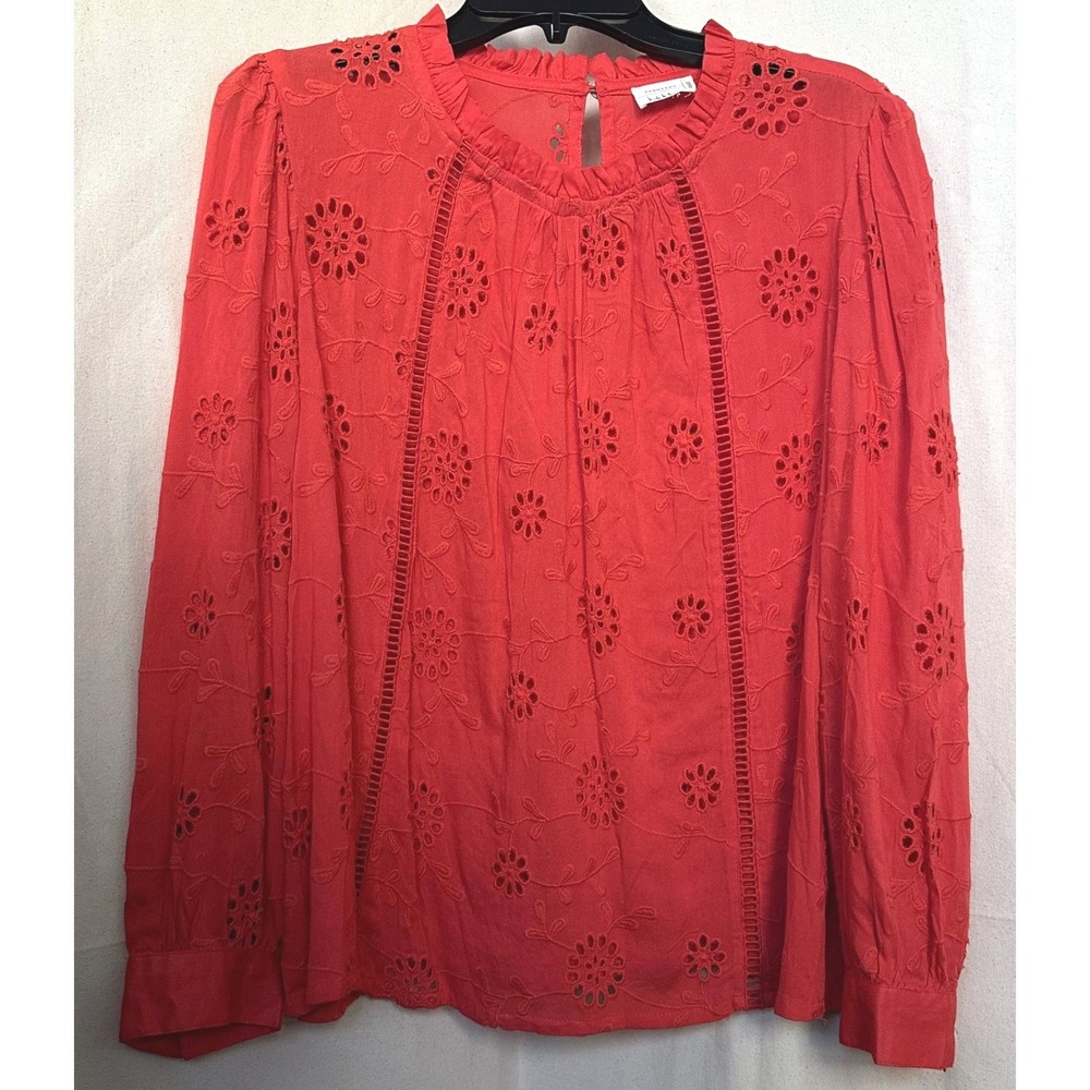 Nicole‎ Miller Red Eyelet Embroidered Boho Peasant Blouse L/XL? Ruffle
